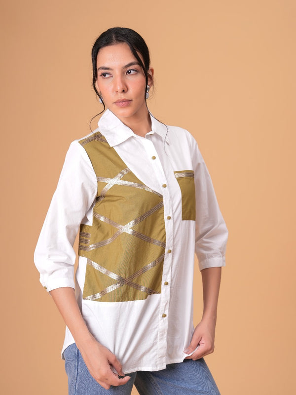 Ivory Mosaic White Poplin Patchwork Shirt