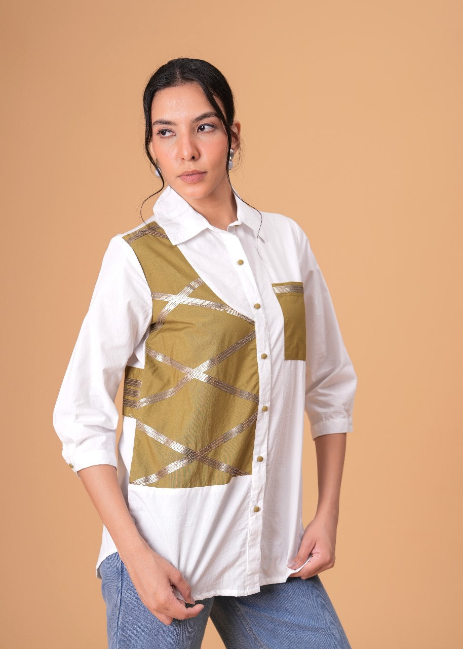 Ivory Mosaic White Poplin Patchwork Shirt