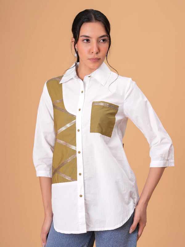 Ivory Mosaic White Poplin Patchwork Shirt