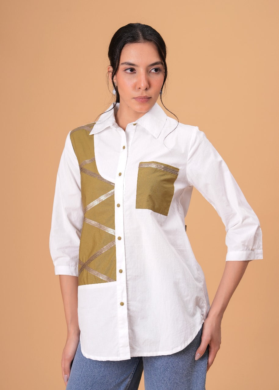 Ivory Mosaic White Poplin Patchwork Shirt