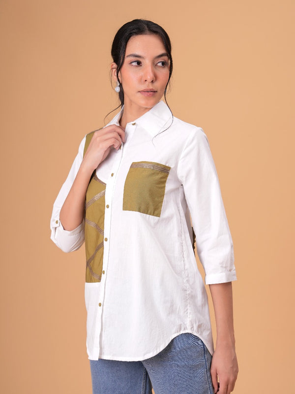 Ivory Mosaic White Poplin Patchwork Shirt