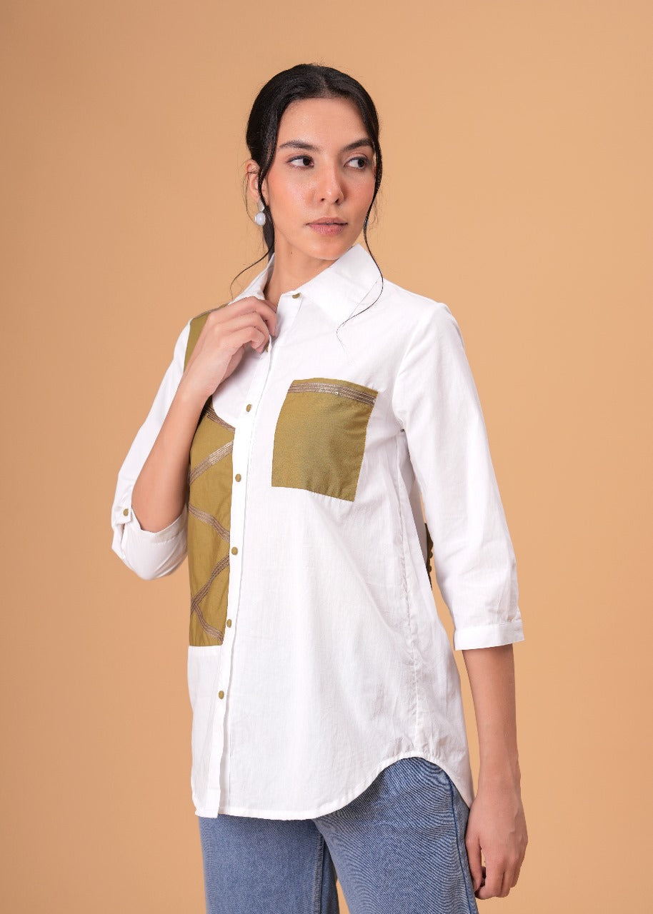 Ivory Mosaic White Poplin Patchwork Shirt