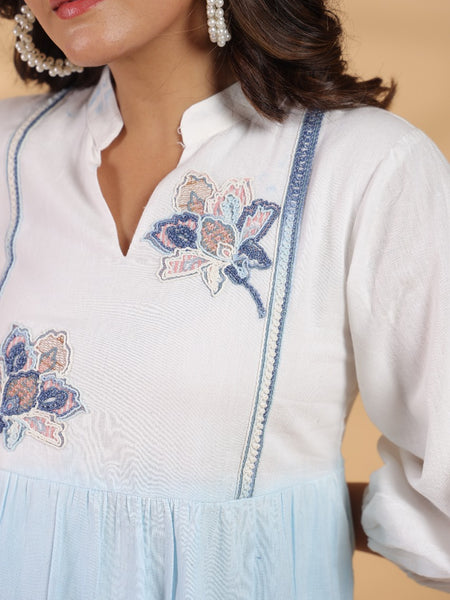 Ocean Haze Ombre Blue Embroidered Fit & Flare Dress