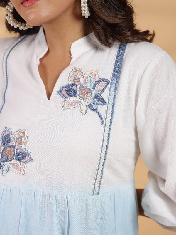 Ocean Haze Ombre Blue Embroidered Fit & Flare Dress