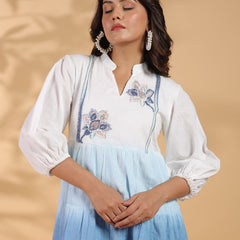 Ocean Haze Ombre Blue Embroidered Fit & Flare Dress