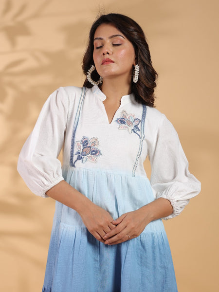Ocean Haze Ombre Blue Embroidered Fit & Flare Dress