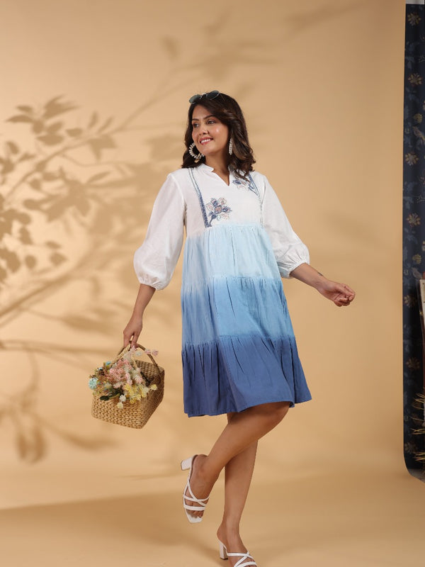 Ocean Haze Ombre Blue Embroidered Fit & Flare Dress