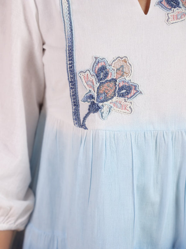 Ocean Haze Ombre Blue Embroidered Fit & Flare Dress