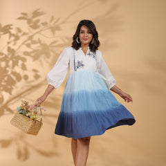 Ocean Haze Ombre Blue Embroidered Fit & Flare Dress