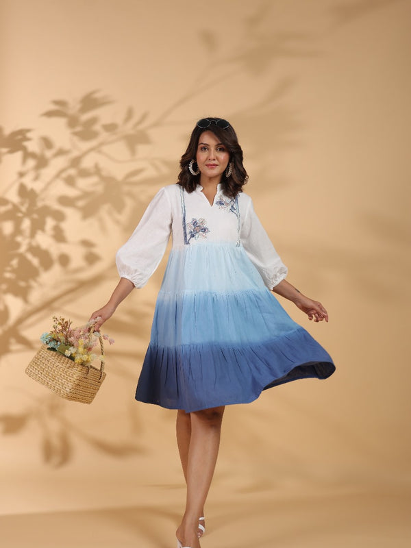 Ocean Haze Ombre Blue Embroidered Fit & Flare Dress