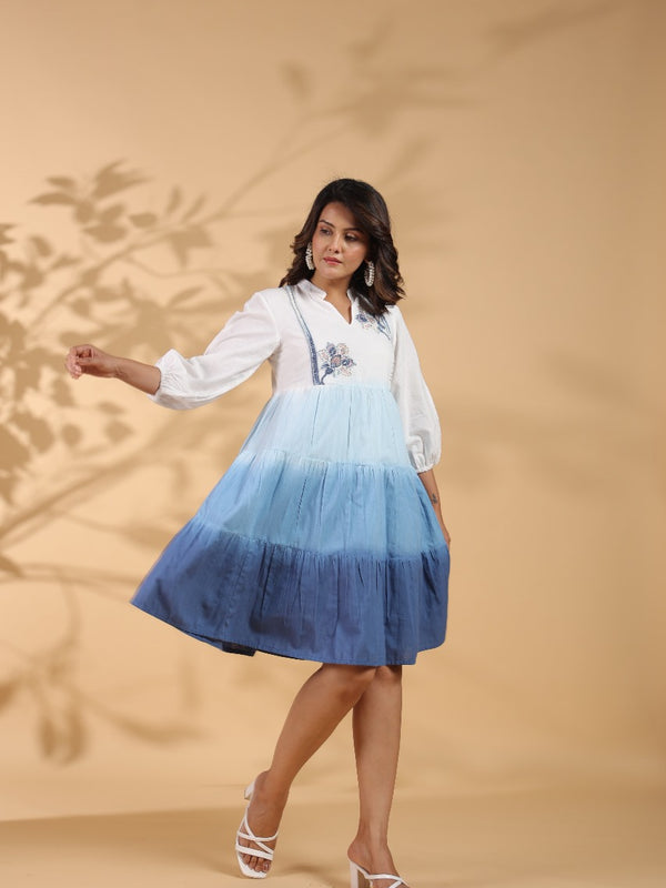Ocean Haze Ombre Blue Embroidered Fit & Flare Dress