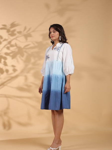 Ocean Haze Ombre Blue Embroidered Fit & Flare Dress