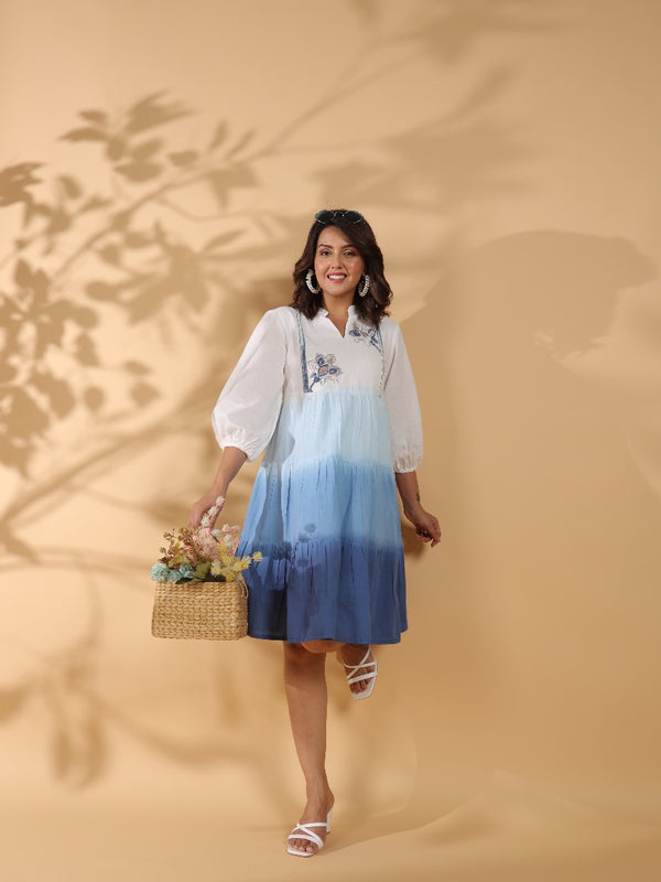 Ocean Haze Ombre Blue Embroidered Fit & Flare Dress
