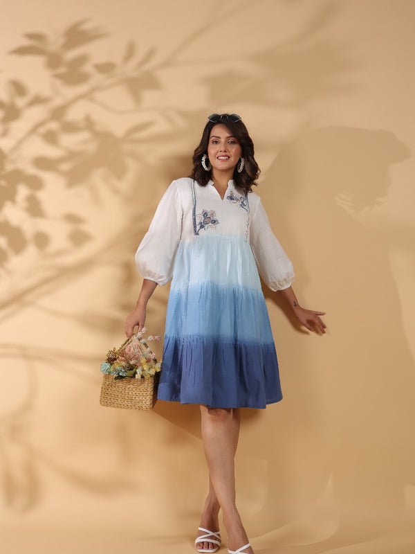 Ocean Haze Ombre Blue Embroidered Fit & Flare Dress