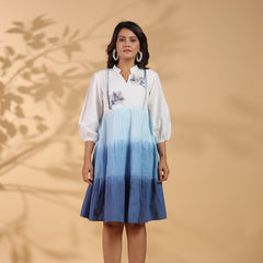 Ocean Haze Ombre Blue Embroidered Fit & Flare Dress