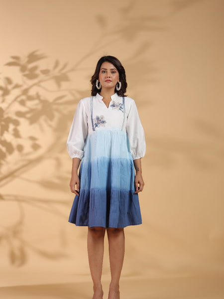 Ocean Haze Ombre Blue Embroidered Fit & Flare Dress