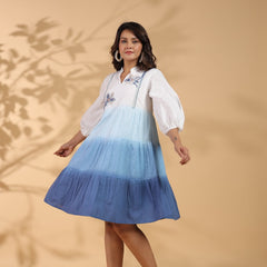 Ocean Haze Ombre Blue Embroidered Fit & Flare Dress
