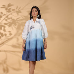 Ocean Haze Ombre Blue Embroidered Fit & Flare Dress