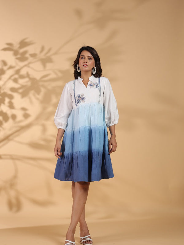 Ocean Haze Ombre Blue Embroidered Fit & Flare Dress