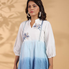 Ocean Haze Ombre Blue Embroidered Fit & Flare Dress