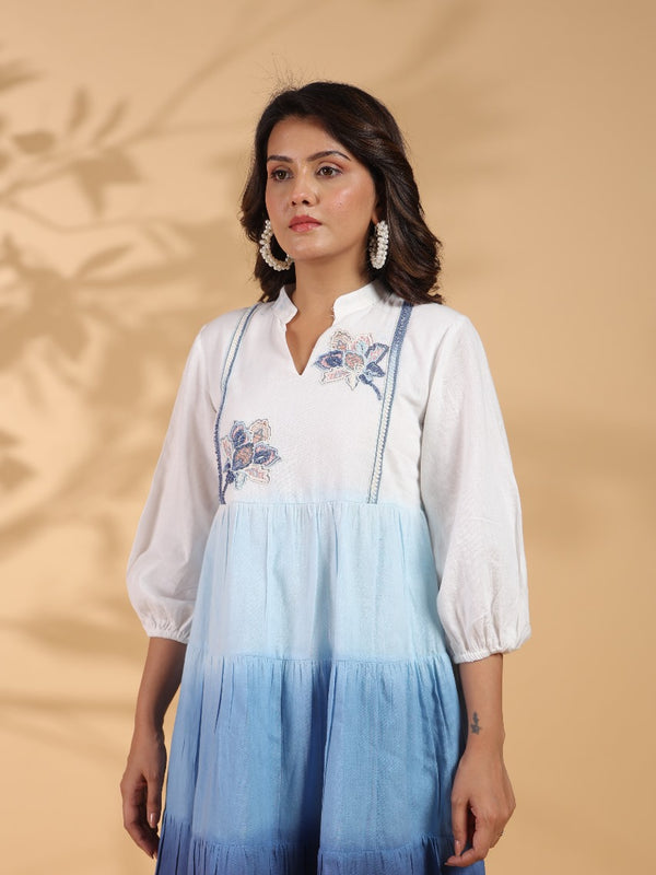 Ocean Haze Ombre Blue Embroidered Fit & Flare Dress