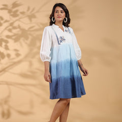 Ocean Haze Ombre Blue Embroidered Fit & Flare Dress