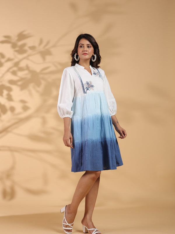 Ocean Haze Ombre Blue Embroidered Fit & Flare Dress