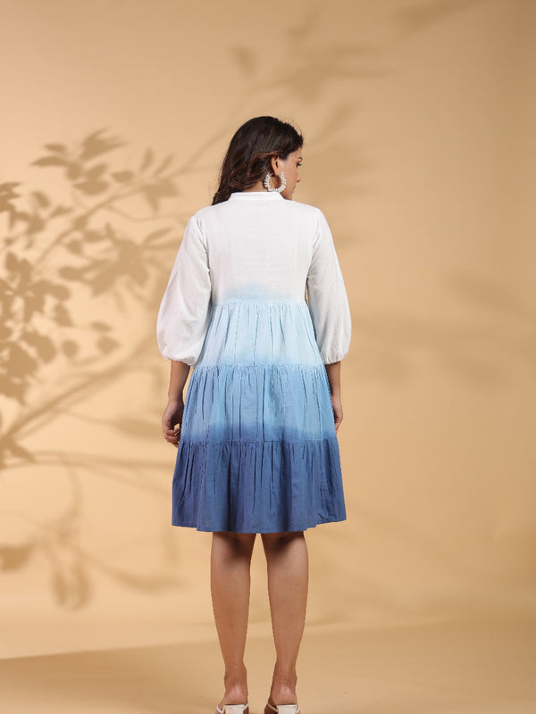Ocean Haze Ombre Blue Embroidered Fit & Flare Dress