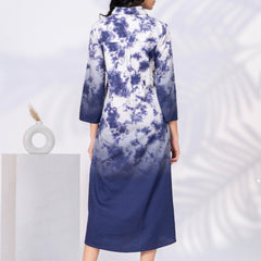 White & Blue Printed Cotton Satin Midi Dress