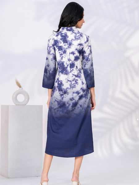 White & Blue Printed Cotton Satin Midi Dress