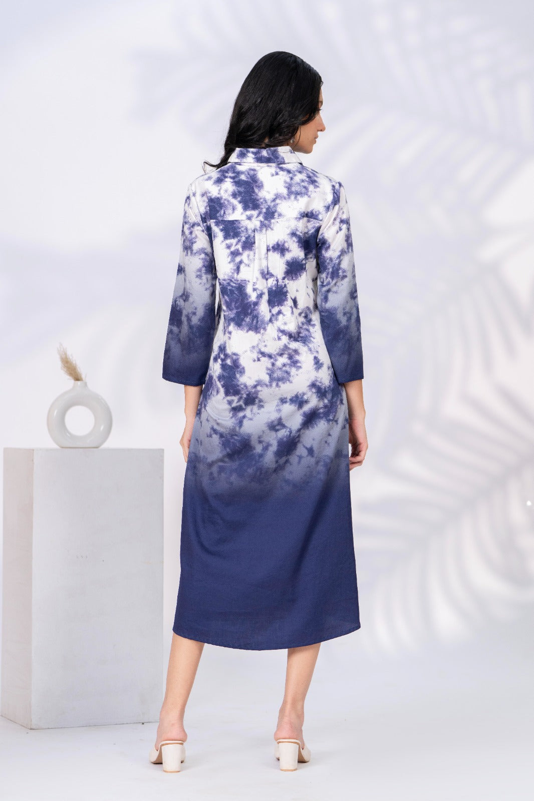 White & Blue Printed Cotton Satin Midi Dress