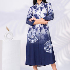 White & Blue Printed Cotton Satin Midi Dress