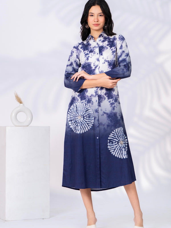White & Blue Printed Cotton Satin Midi Dress