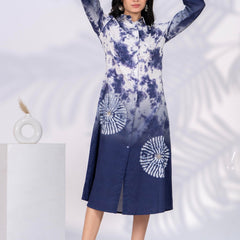 White & Blue Printed Cotton Satin Midi Dress