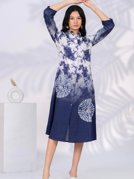 White & Blue Printed Cotton Satin Midi Dress