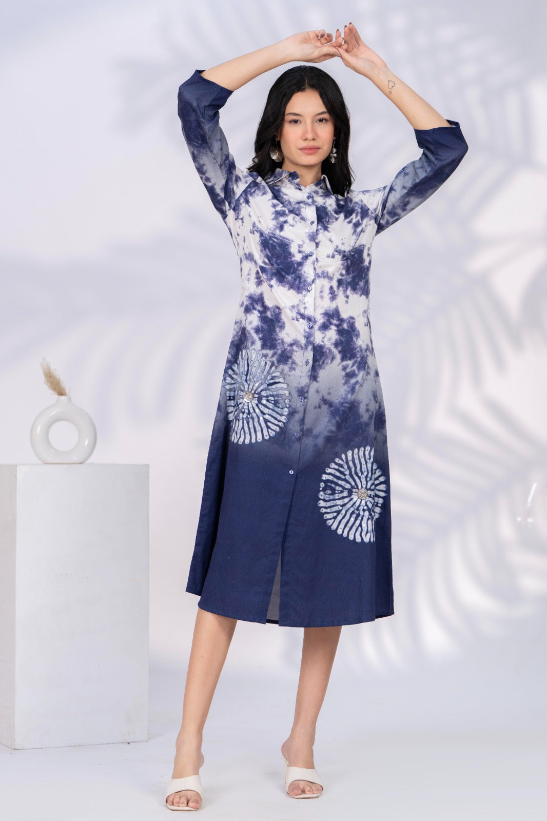 White & Blue Printed Cotton Satin Midi Dress