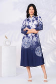 White & Blue Printed Cotton Satin Midi Dress