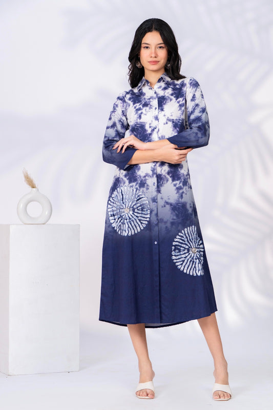 White & Blue Printed Cotton Satin Midi Dress
