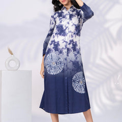 White & Blue Printed Cotton Satin Midi Dress