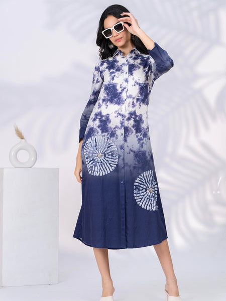 White & Blue Printed Cotton Satin Midi Dress