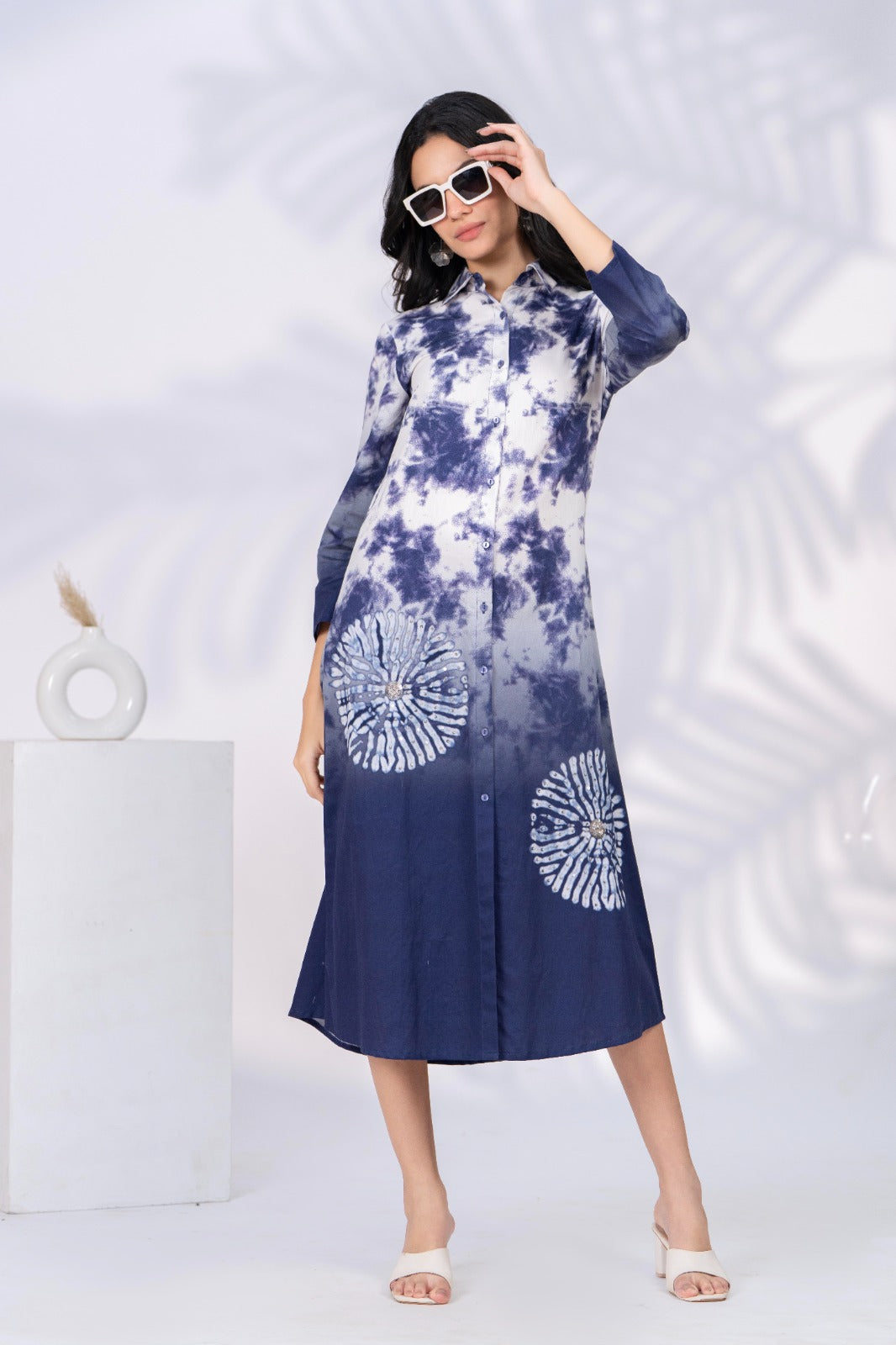White & Blue Printed Cotton Satin Midi Dress
