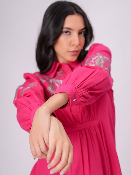 Collared Pink Shirt Dress with Embroidery