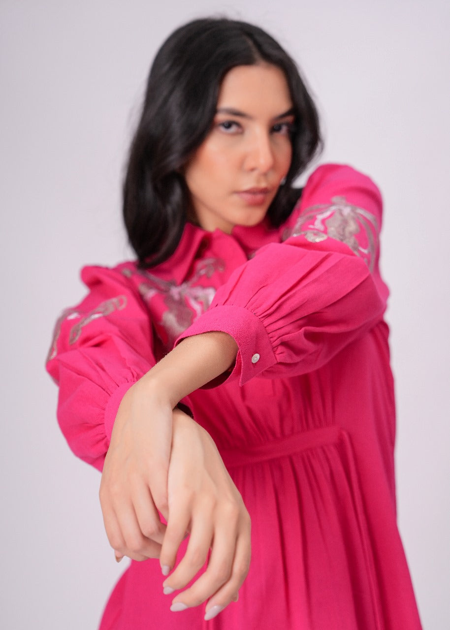 Collared Pink Shirt Dress with Embroidery