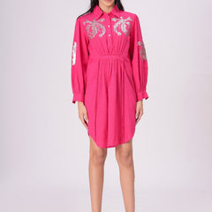 Collared Pink Shirt Dress with Embroidery