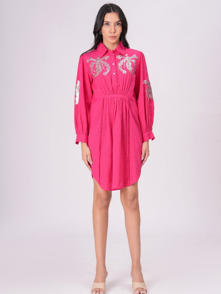 Collared Pink Shirt Dress with Embroidery