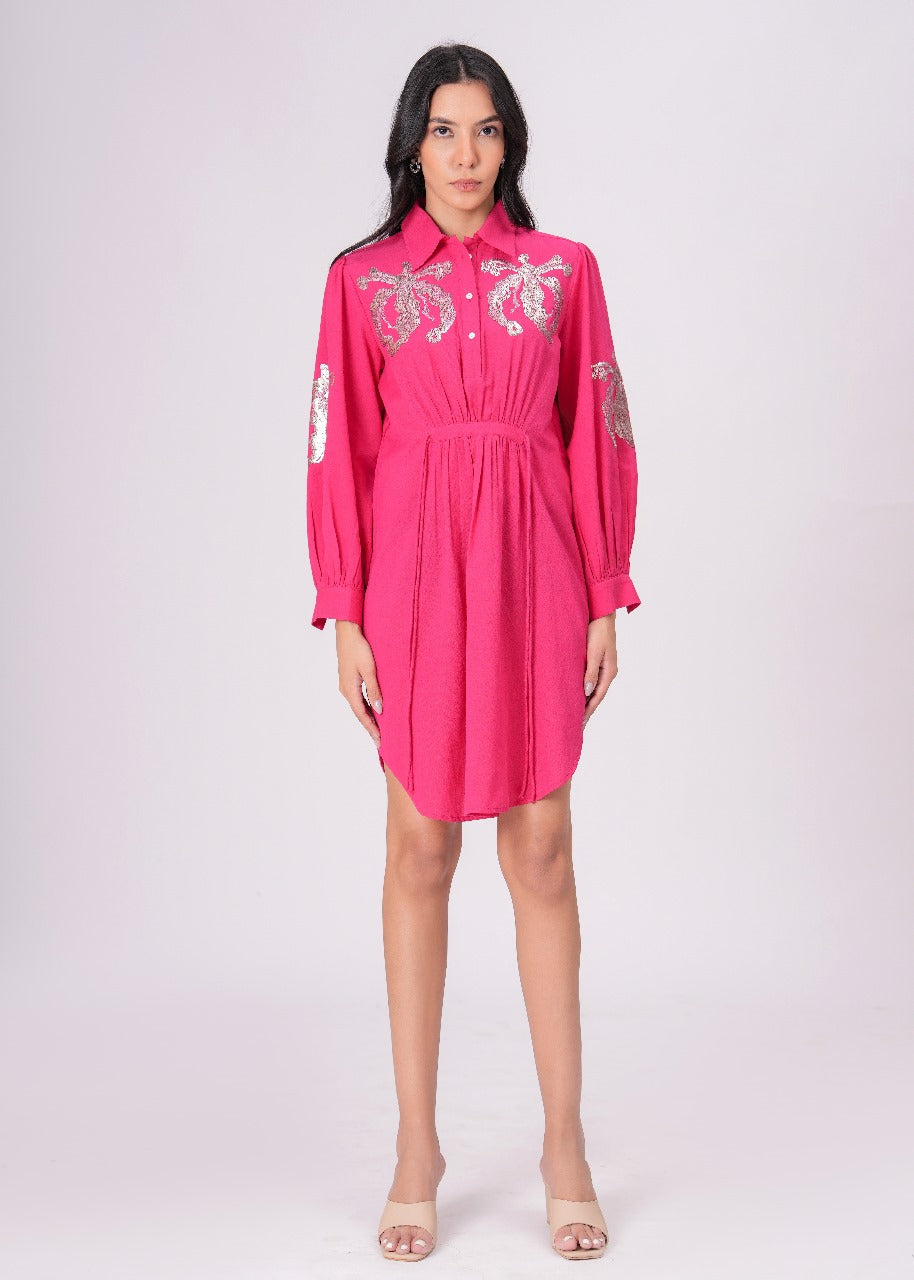 Collared Pink Shirt Dress with Embroidery