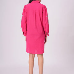 Collared Pink Shirt Dress with Embroidery