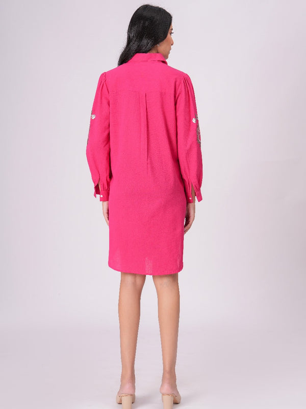 Collared Pink Shirt Dress with Embroidery