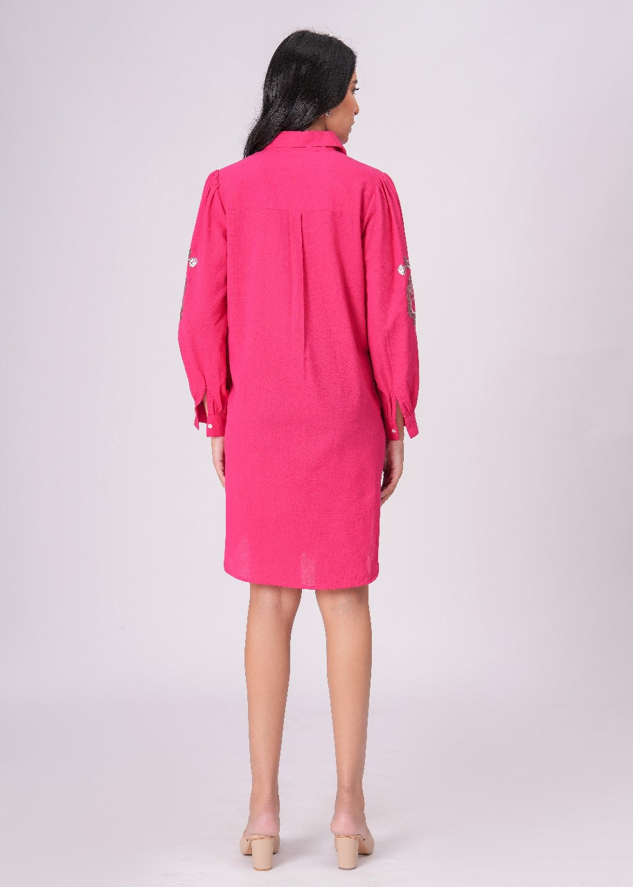 Collared Pink Shirt Dress with Embroidery