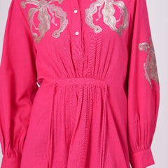Collared Pink Shirt Dress with Embroidery